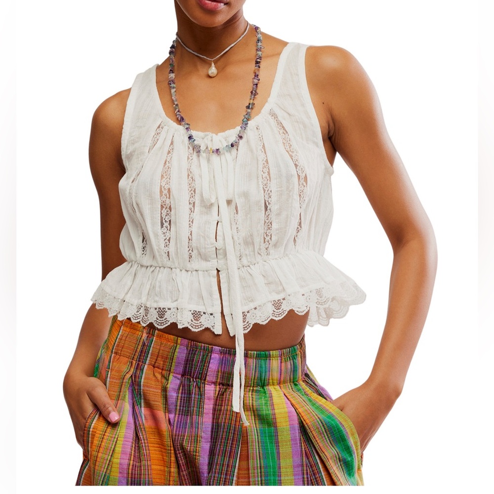 Free‎ People Women's Alana Lace-Trim Cotton Sleeveless Top, Size SMALL